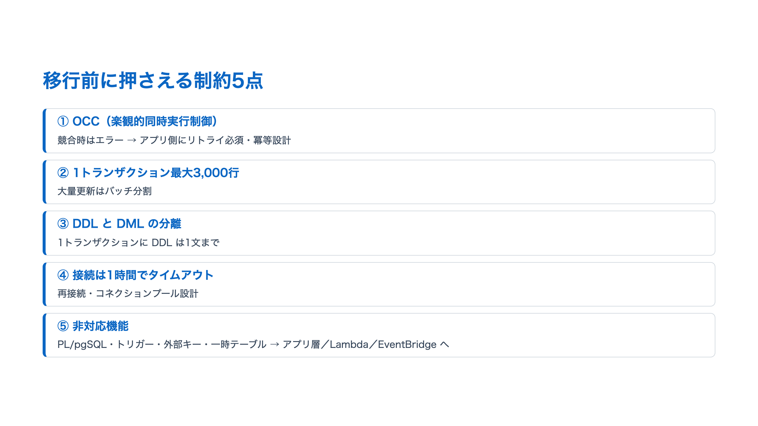 OCC・3000行制約・DDL/DML分離・接続1時間・非対応機能という移行前の制約5点をまとめた図