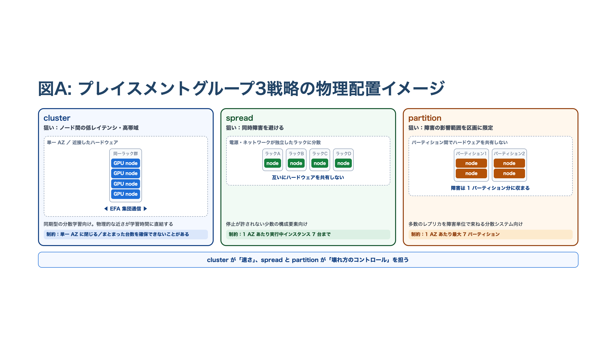 cluster・spread・partition の3戦略を物理配置で比較した図。cluster は単一 AZ の近接したハードウェアに GPU ノードをまとめて EFA の集団通信を高速化し、単一 AZ に閉じる制約を持つ。spread は電源・ネットワークが独立した別々のラックに1台ずつ分散し、1 AZ あたり実行中インスタンス7台までの上限がある。partition はパーティション間でハードウェアを共有せず障害を1パーティション分に収め、1 AZ あたり最大7パーティションという上限を持つ